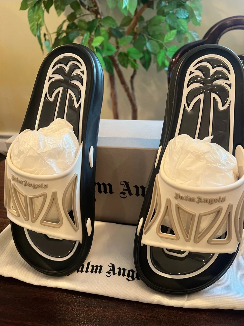 Palm Angels Kids Two-Tone Black & White Slide Sandals